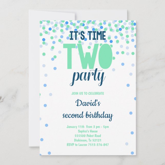 Invitation Garçon 2e anniversaire DEUX PARTIS Confetti Bleu V (Devant)