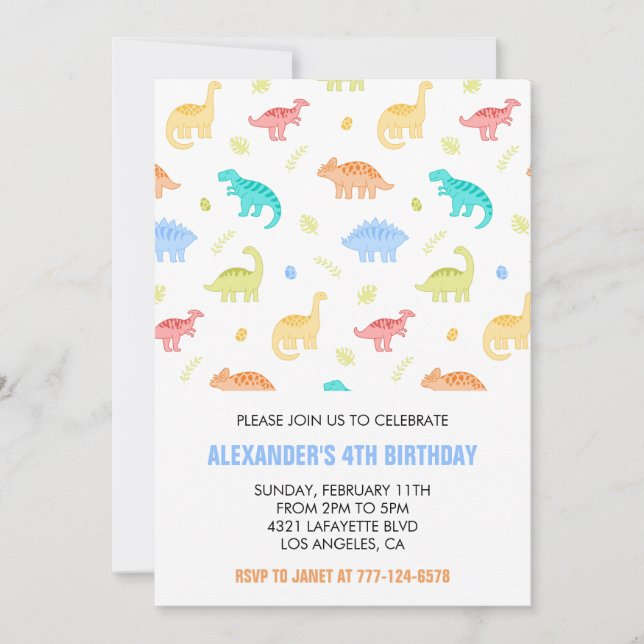 Invitation Garçon 4 ans dinosaure jungle enfants t rex bleu (Devant)
