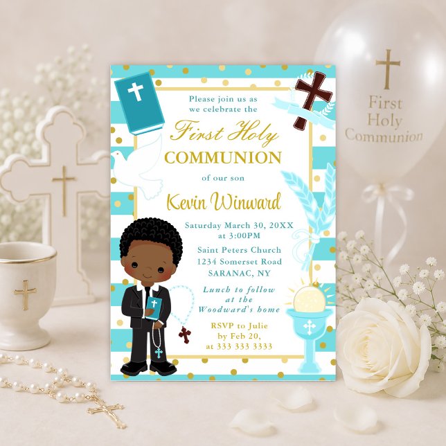 Invitation Garçon Afro-Américain Bleu Première Sainte Communi (Créateur téléchargé)