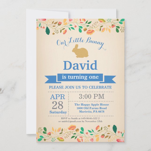 Invitation Garçon anniversaire lapin oeuf de Pâques 1er Premi (Devant)