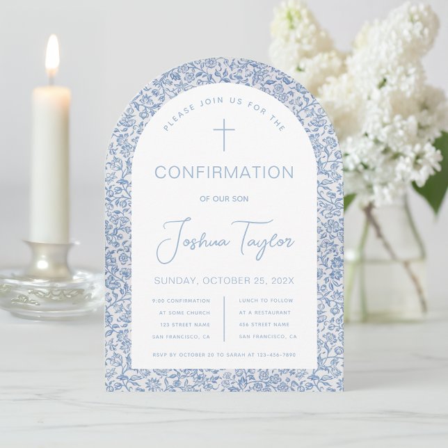 Invitation Garçon Arche de confirmation bleu floral motif vin (Créateur téléchargé)