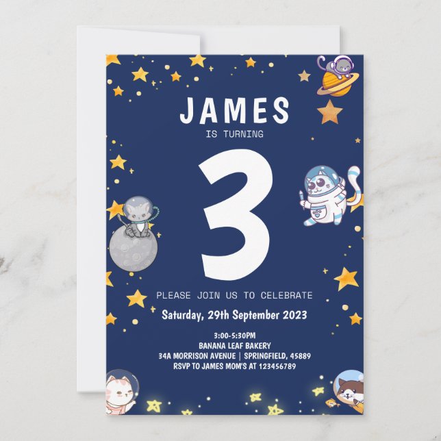 Invitation Garçon Astronaute Chat Navy Enfants Anniversaire (Devant)