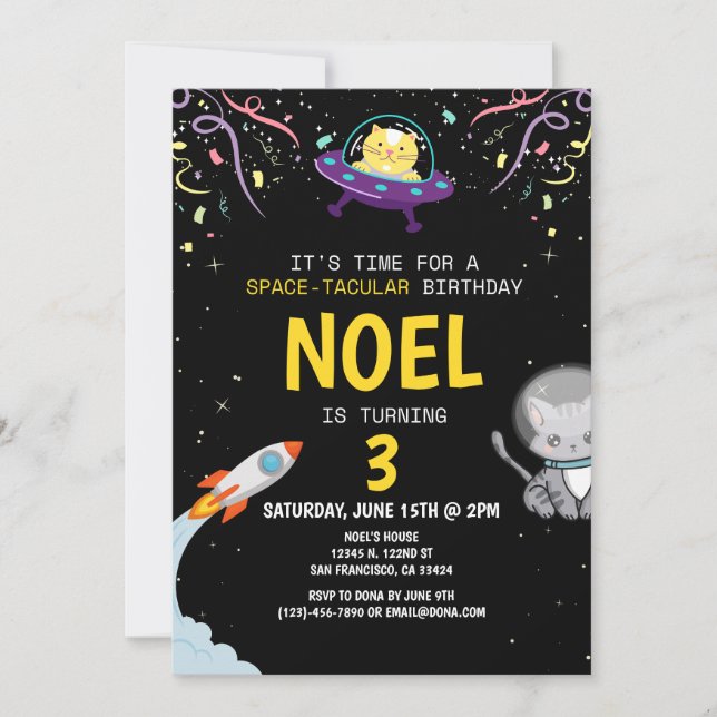 Invitation Garçon Astronaute Chat Noir Anniversaire Enfants (Devant)