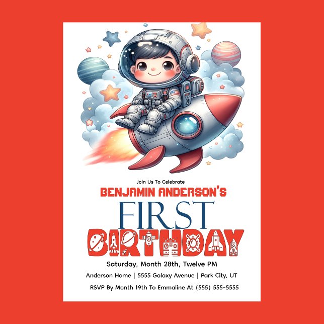 Invitation Garçon astronaute de fusée, 1er anniversaire (Space astronaut boy riding rocket 1st birthday party invitation with planets and stars
)