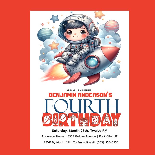 Invitation Garçon astronaute de fusée 4ème anniversaire (Space astronaut boy riding rocket 4th birthday party invitation with planets and stars
)