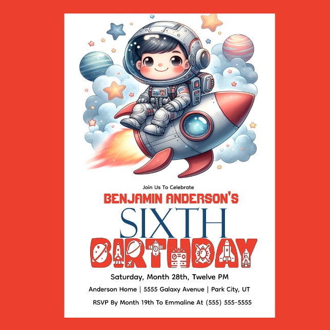 Invitation Garçon astronaute de fusée, 6e anniversaire (Space astronaut boy riding rocket 6th birthday party invitation with planets and stars
)