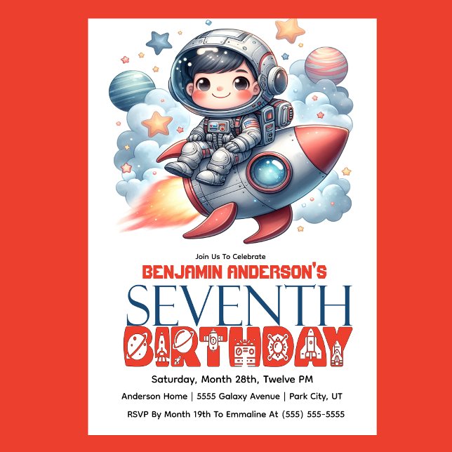 Invitation Garçon astronaute de fusée, 7e anniversaire (Space astronaut boy riding rocket 7th birthday party invitation with planets and stars
)