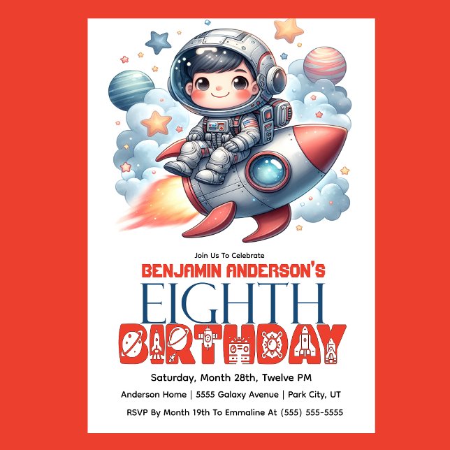 Invitation Garçon astronaute de fusée, 8e anniversaire (Space astronaut boy riding rocket 8th birthday party invitation with planets and stars
)