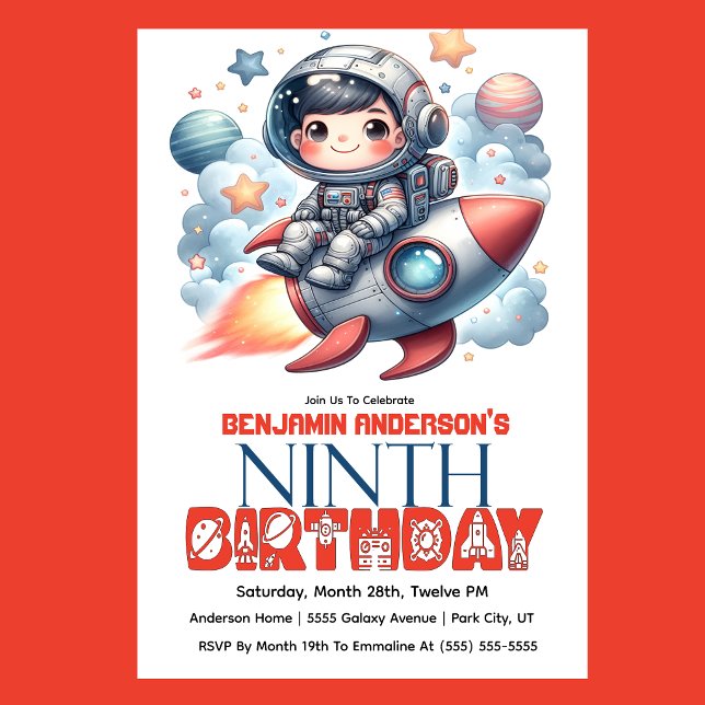Invitation Garçon astronaute de fusée, 9e anniversaire (Space astronaut boy riding rocket 9th birthday party invitation with planets and stars
)