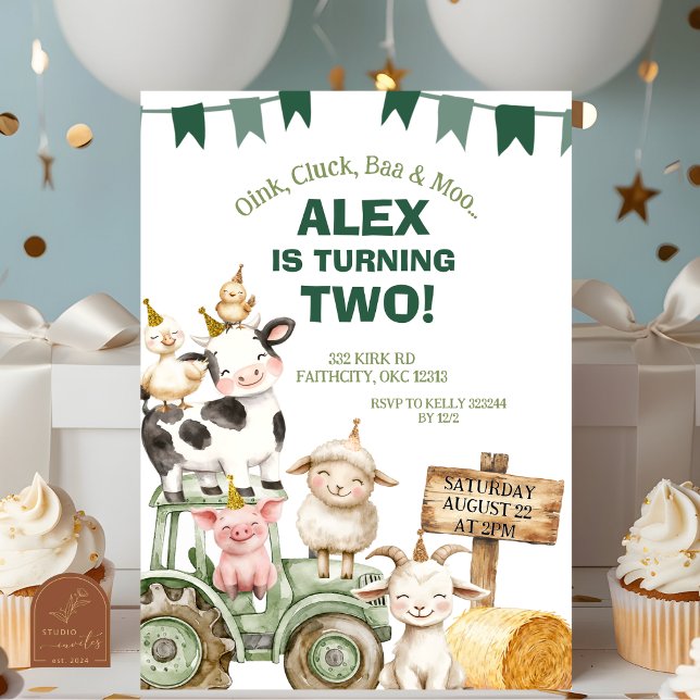 Invitation Garçon aux animaux de la ferme 2e anniversaire (Créateur téléchargé)