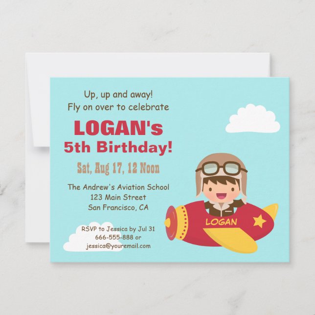 Invitation Garçon Aviateur Mignon Fête d'Anniversaire d'Avion (Devant)