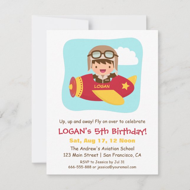 Invitation Garçon Aviateur Mignon Fête d'Anniversaire d'Avion (Devant)