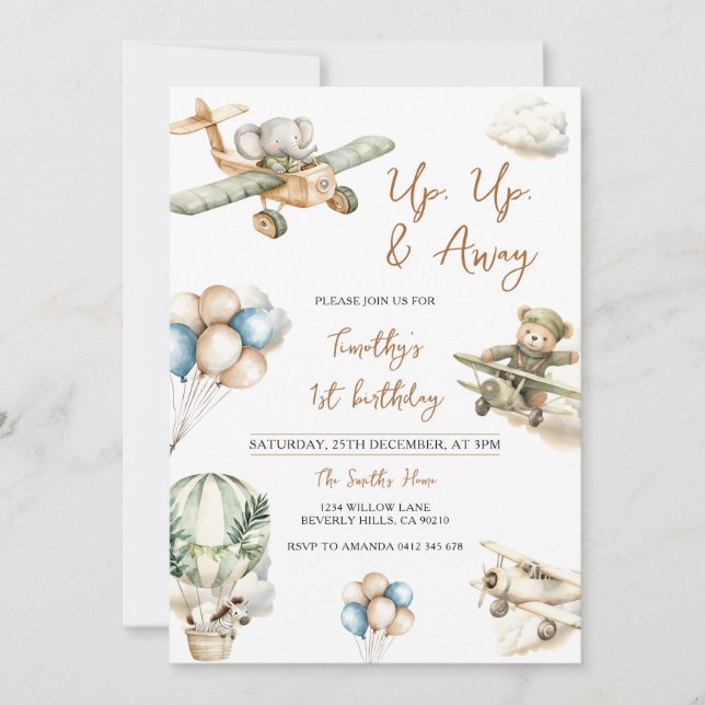 Invitation Garçon avion Up Up & Away 1er Anniversaire (Devant)
