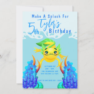 Invitation Garçon Axolotl Jaune Fête d'anniversaire Aqua Sous