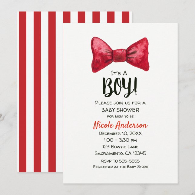 Invitation Garçon Baby Shower avec un noeud papillon rouge po (Devant / Derrière)