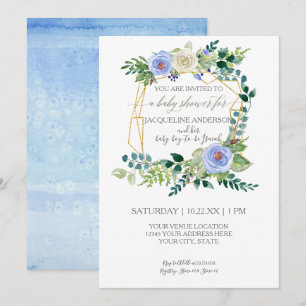 Invitation Garçon Baby shower Bleu Roses Blanc Aquarelle Wrea