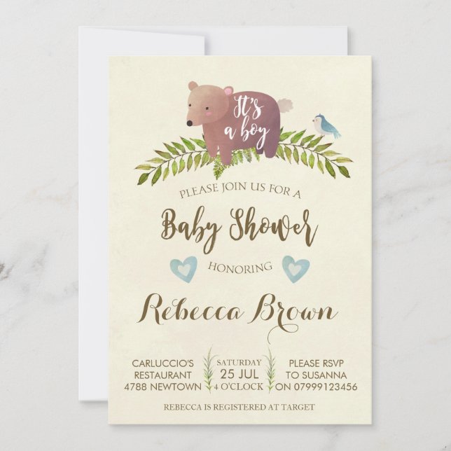Invitation garçon baby shower bois forêt ours mignon (Devant)