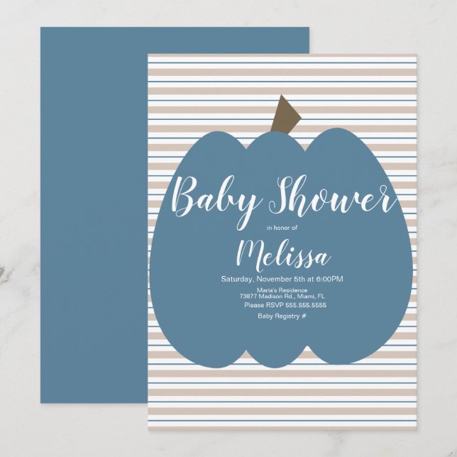Invitation Garçon Baby Shower Citrouille Bleue (Devant / Derrière)