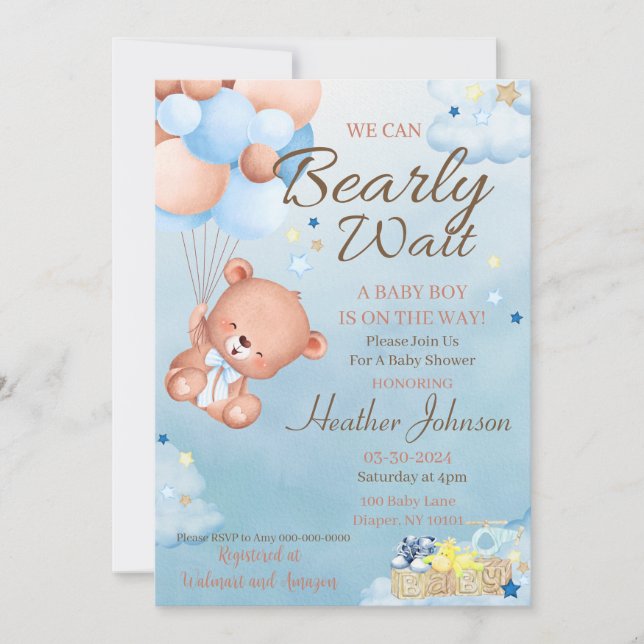 Invitation Garçon Baby shower ours (Devant)