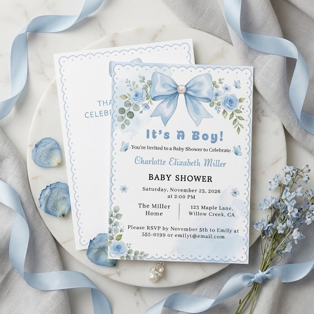 Invitation Garçon Baby Shower Ruban Bow Floral Bleu Clair (Créateur téléchargé)