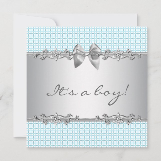 Invitation Garçon Baby Shower Vérifications Gris Bleu (Devant)