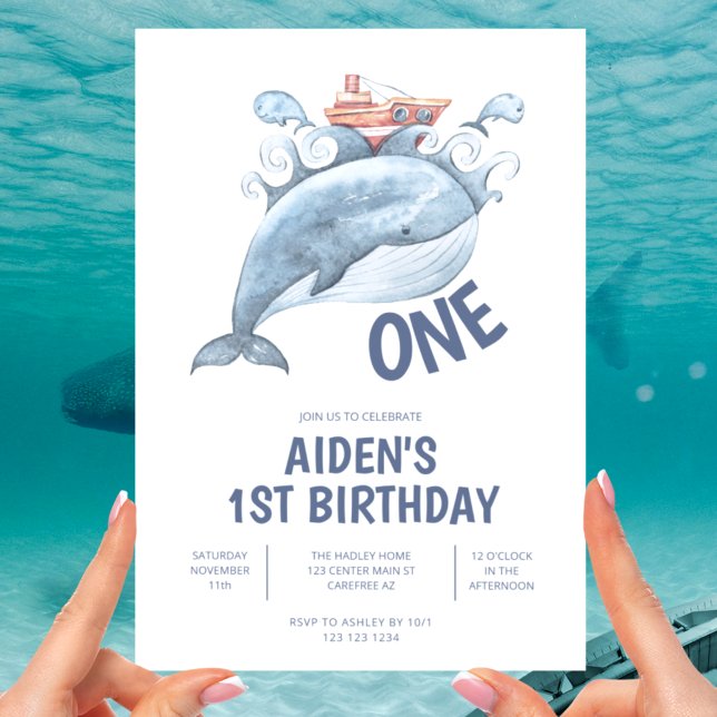 Invitation Garçon Baleine Bleue 1er Anniversaire (Créateur téléchargé)