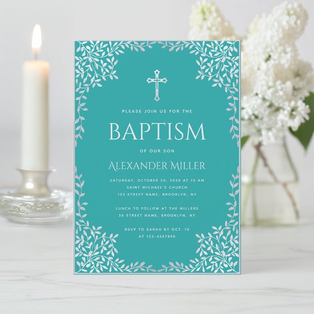 Invitation Garçon Baptême Bleu Turquoise Faux Feuilles Argent (Créateur téléchargé)