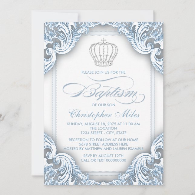Invitation Garçon Baptême Prince Argent Bleu (Devant)