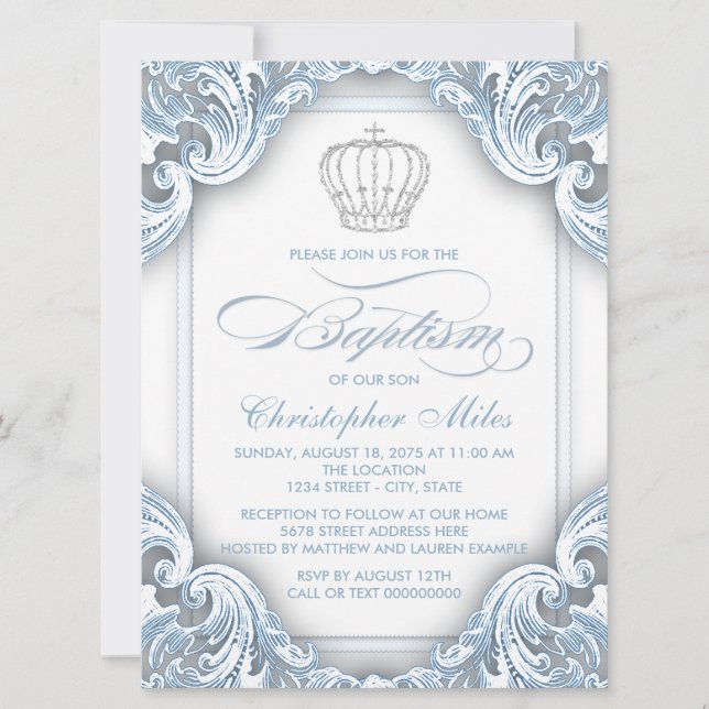 Invitation Garçon Baptême Prince Argent Bleu (Devant)