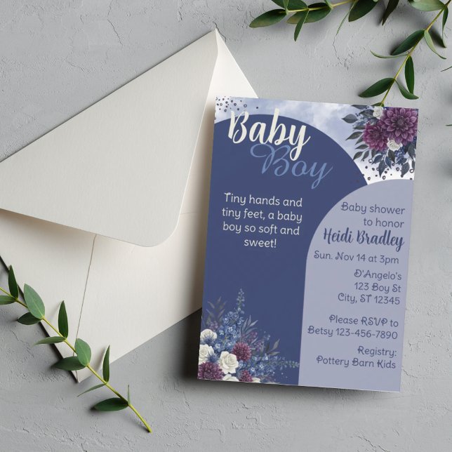 Invitation Garçon, Bébé, Bleus Profonds/Purpurines Floral Bab (Créateur téléchargé)