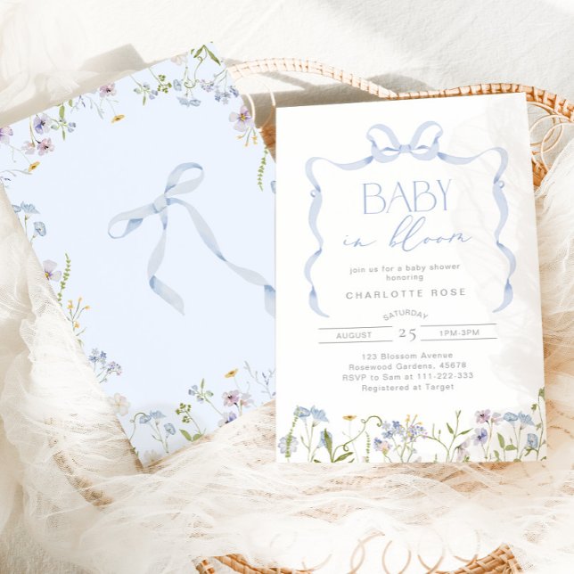 Invitation Garçon bébé en Fleur Bleu Bow baby shower floral (Créateur téléchargé)