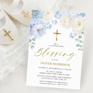 Invitation Garçon Bénédiction Floral Bleu Poussiéreux Or Élég