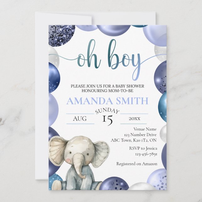 Invitation Garçon Bleu Balloon Cute Elephant Baby shower Invi (Devant)