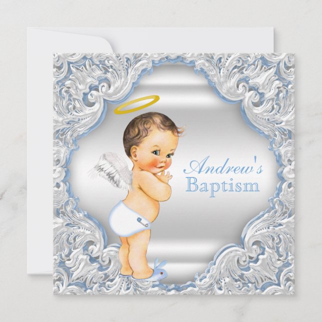 Invitation Garçon Bleu Blanc Ange Garçon Bébé Baptême (Devant)