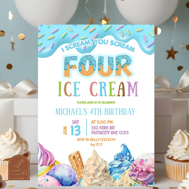 Invitation Garçon Bleu Drip Je crie Quatre glace 4ème Anniver (Créateur téléchargé)