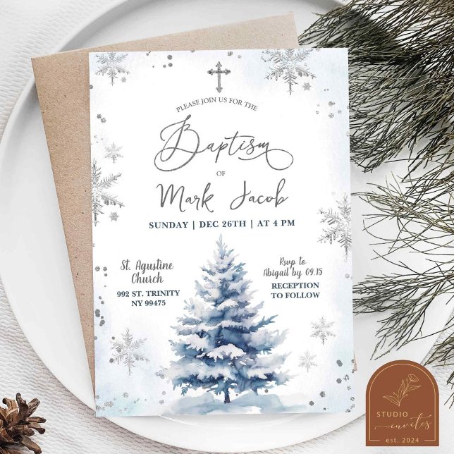 Invitation Garçon bleu hiver enneigé Noël Jour de baptême  (Créateur téléchargé)