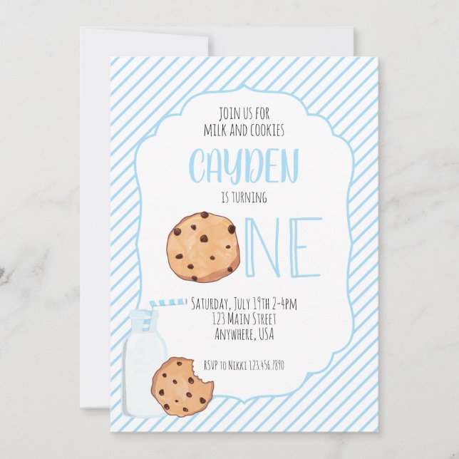 Invitation Garçon bleu lait et biscuits pour un premier anniv (Devant)