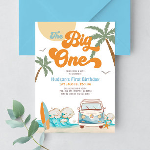 Invitation Garçon bleu orange The Big One Surf 1er anniversai
