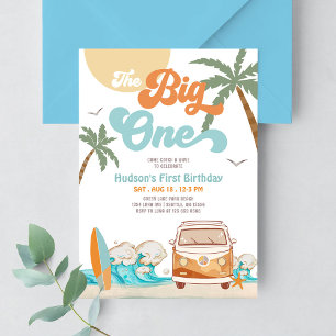 Invitation Garçon bleu orange The Big One Surf 1er anniversai