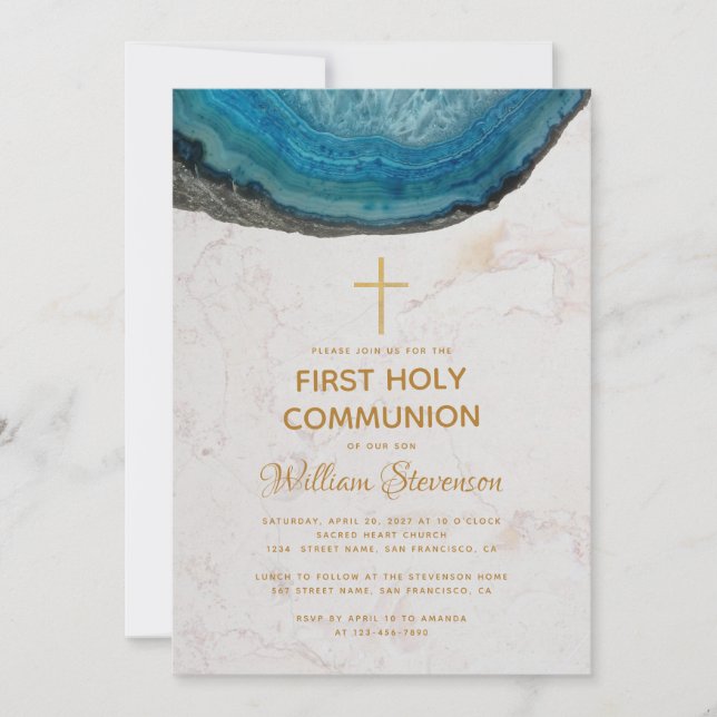 Invitation Garçon bleu Première Communion Géode Marbre Croix  (Devant)