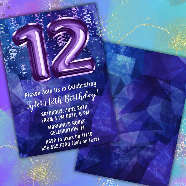 Invitation Garçon bleu violet 12e anniversaire (Créateur téléchargé)