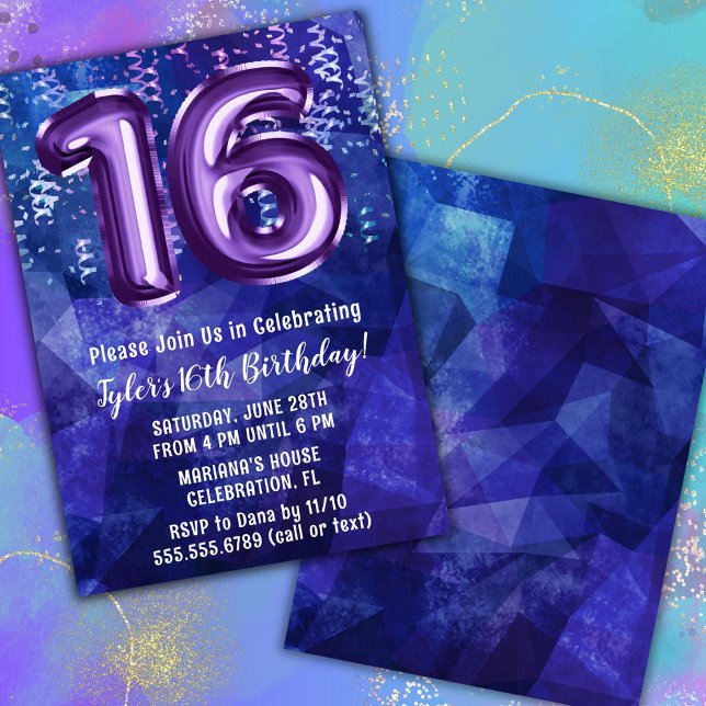 Invitation Garçon Bleu Violet 16e Anniversaire (Créateur téléchargé)