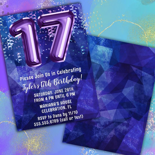 Invitation Garçon Bleu Violet 17e Anniversaire (Créateur téléchargé)