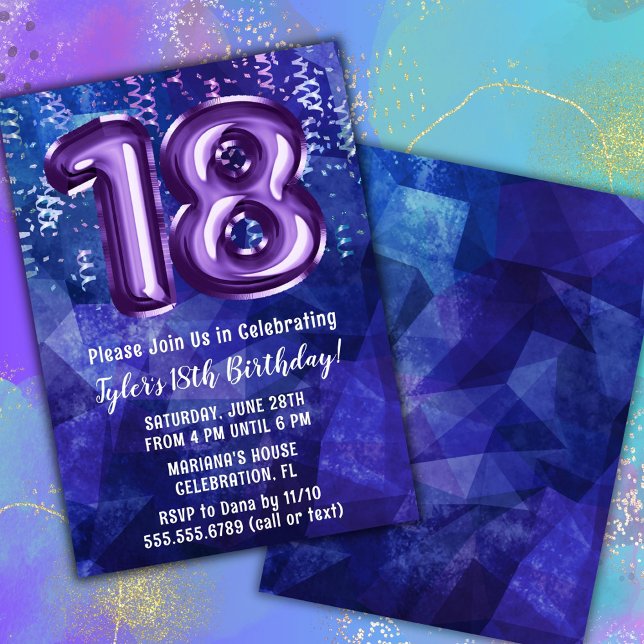 Invitation Garçon Bleu Violet 18e Anniversaire (Créateur téléchargé)