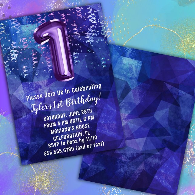 Invitation Garçon Bleu Violet 1er Anniversaire (Créateur téléchargé)