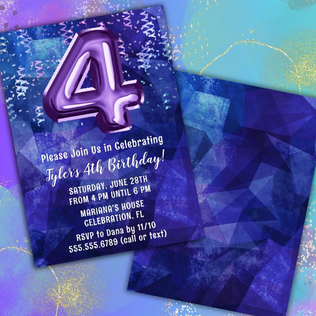 Invitation Garçon Bleu Violet 4ème Anniversaire (Créateur téléchargé)