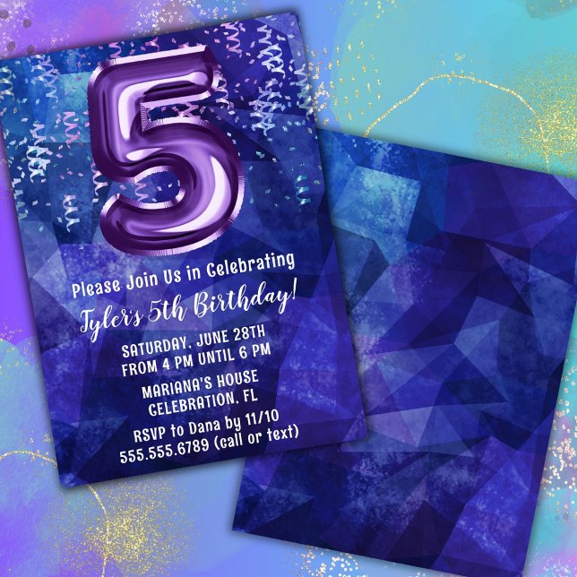 Invitation Garçon Bleu Violet 5ème Anniversaire (Créateur téléchargé)