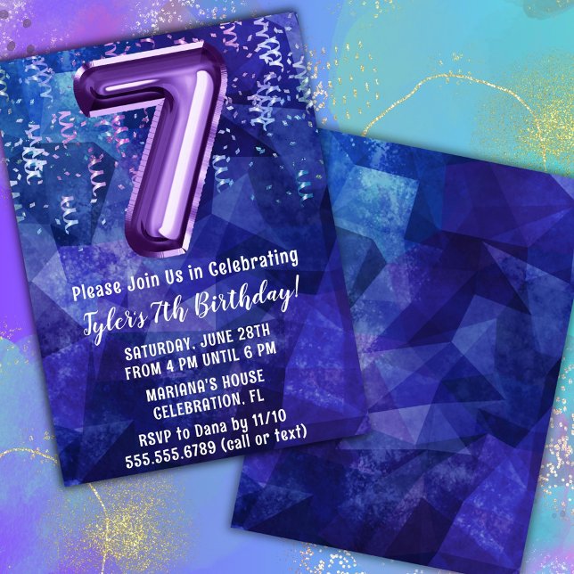 Invitation Garçon Bleu Violet 7e Anniversaire (Créateur téléchargé)