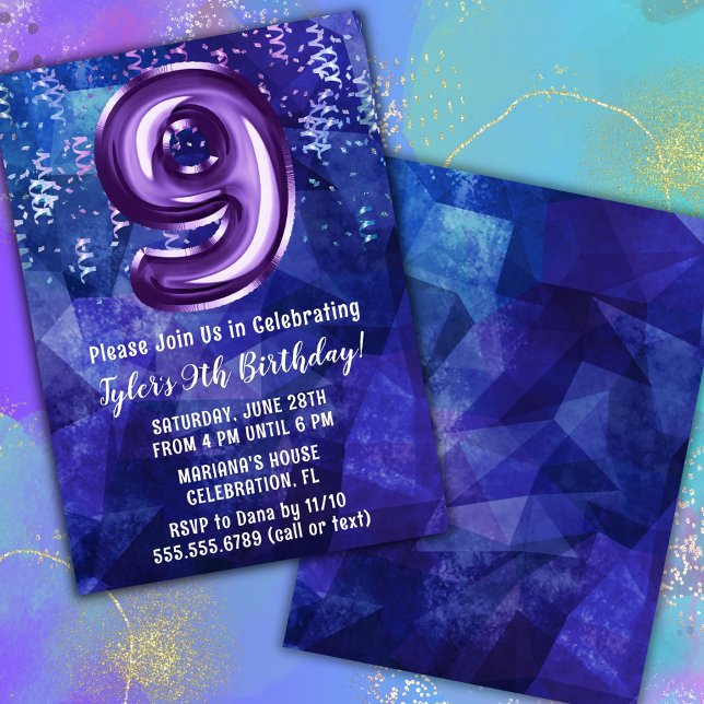 Invitation Garçon Bleu Violet 9e Anniversaire (Créateur téléchargé)