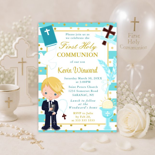 Invitation Garçon Blond aux Rayures Bleues Première Communion (Créateur téléchargé)